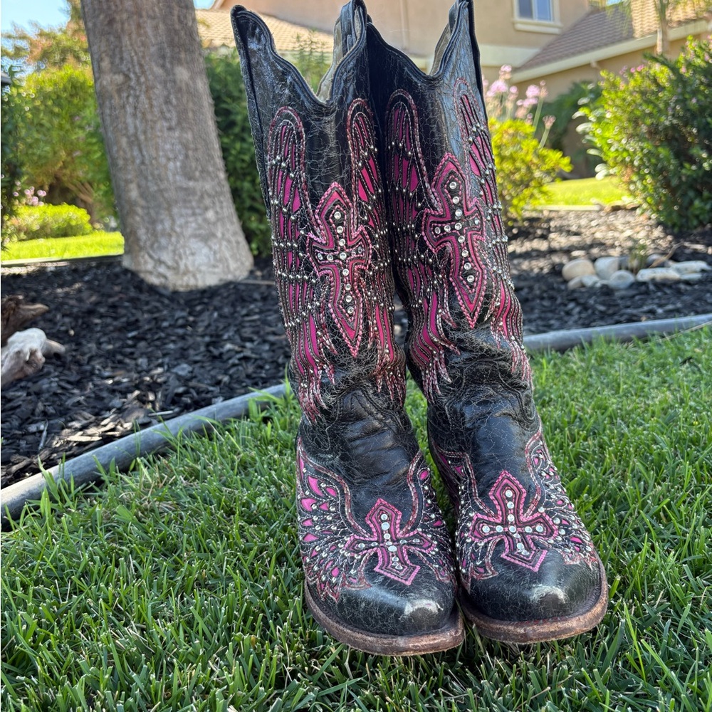 Corral Black and Pink Blingy Studded Embroidered Heeled Boots